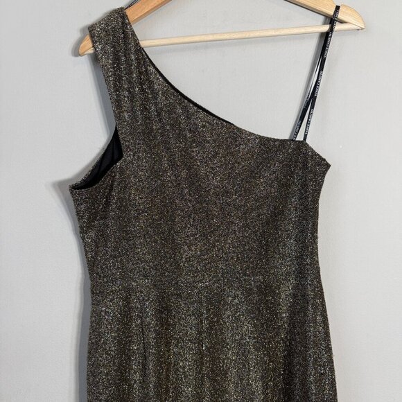 Vince Camuto One Shoulder Glitter Knee Length Dress Womens 12 Gold Slit Cocktail - Picture 10 of 14